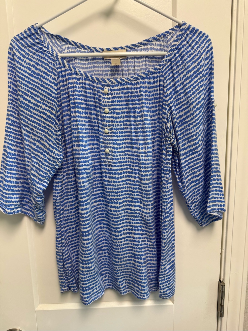 LOFT Petite White Top with Blue Dot Stripe Print